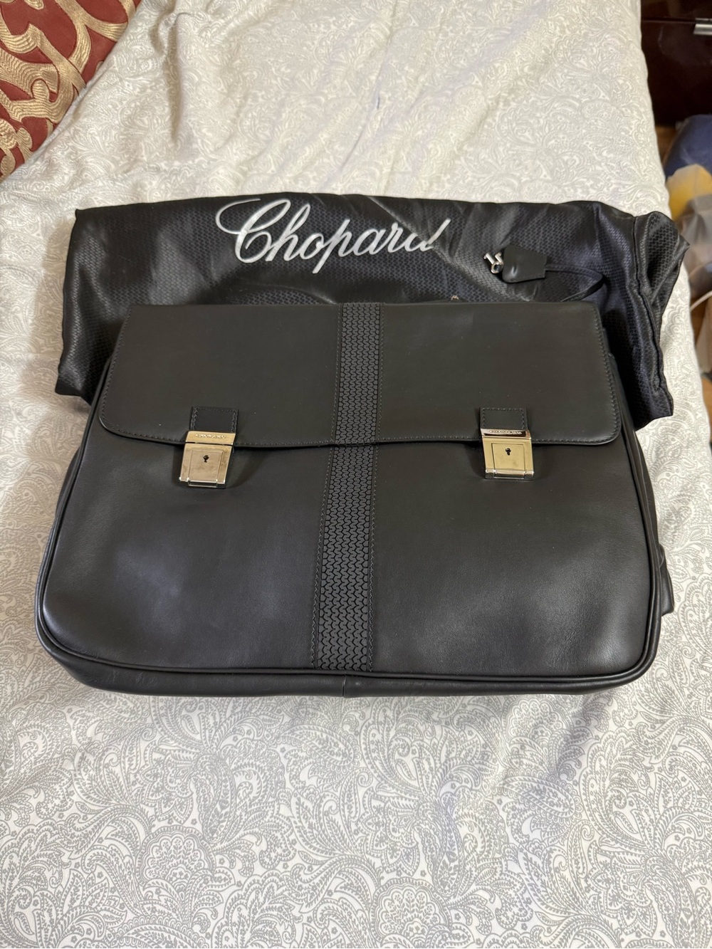 Chopard Black Leather Men's Briefcase with Woven Center Detail
